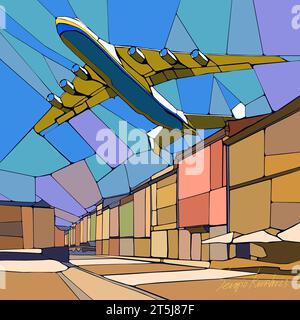 Lviv, Ukraine. Blick in die Stadt Lemberg mit dem Flugzeug in den Himmel. Ukrainische Architektur, karge Flugzeuge, Vektorgrafik, Illustration erstellt von Künstler. Stockfoto