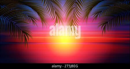 Sonnenuntergang Strandlandschaft mit Palmblättern von oben. Exotische tropische Insel Natur. Vevtor-Abbildung. Stock Vektor
