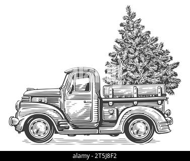 Weihnachts-Retro-Truck mit Kiefer. Handgezeichnete Skizze Vintage Illustration Gravur Stil Stockfoto