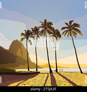 Blick auf den Sugarloaf Mountain auf Urca mit Palmen, Rio de Janeiro, Brasilien. Sonnenaufgang in Rio de Janeiro. Stockfoto