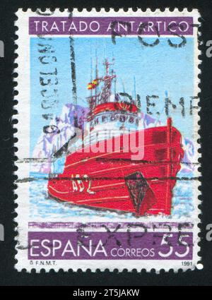 SPANIEN - CA. 1991: Briefmarke von Spanien, zeigt Antarktis Vertrag, Forschungsschiff, ca. 1991 Stockfoto