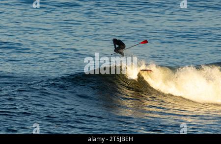 Surfer, die große Wellen für Wassersport genießen Stockfoto