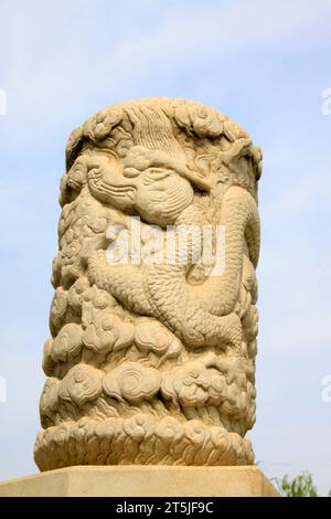 Traditioneller chinesischer Stil mit weißer Marmorskulptur Drache, Nahaufnahme des Fotos Stockfoto