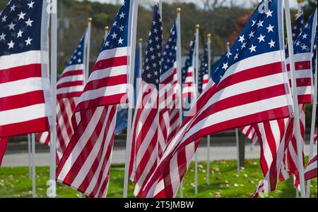 Flaggen für die verschiedenen US-Streitkräfte, die in Dennis, Massachusetts, auf Cape Cod fliegen. Zum Veteran's Day. Stockfoto