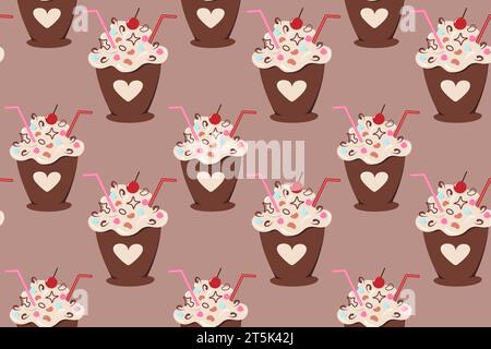 Nahtloses Muster einer gestalteten Desserttasse mit Cocktailstroh, Dekoration und Creme in trendigen Schokoladentönen. Vektorabbildung Stock Vektor