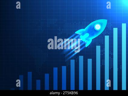 Das Balkendiagramm im Hintergrund ist eine Karte der Welt mit Raketen, die sich erheben. Es repräsentiert das Wachstum eines Unternehmens, das Gewinne steigert, Wettbewerber und gewinnt Stock Vektor