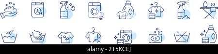 Set mit Symbolen für Wäscheaufkleber. Hand- und Maschinenwartung. Fleckentfernungsseife. Pixel perfekt Stock Vektor