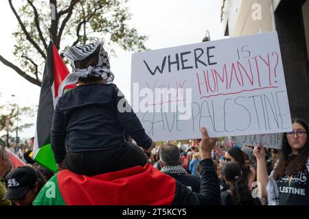 Wo ist deine Menschlichkeit, Rettet Palästina Zeichen. Pro-palästinensische Demonstration auf dem Freedom Plaza. Washington D.C. USA. November 2023 Stockfoto