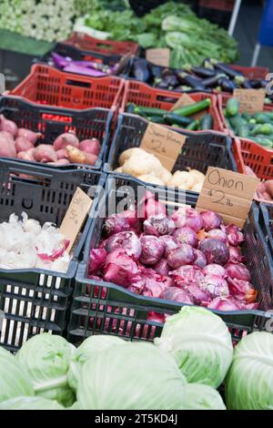 Auf dem Bauernmarkt wird eine Auswahl an frisch geerntetem Bio-Gemüse ausgestellt. Stockfoto