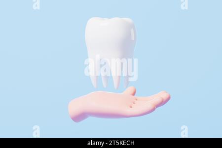 Zahnmodell an der Hand, 3D-Rendering. 3D-Abbildung. Stockfoto