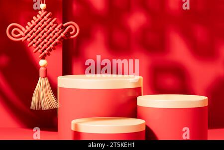 Chinesische Knoten, chinesischer Hintergrund und leere Bühne, E-Commerce-Hintergrund, 3D-Rendering. 3D-Abbildung. Stockfoto