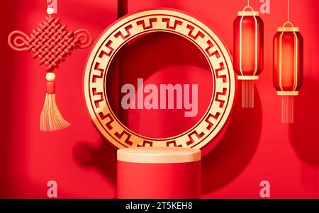 Chinesische Knoten, chinesischer Hintergrund und leere Bühne, E-Commerce-Hintergrund, 3D-Rendering. 3D-Abbildung. Stockfoto
