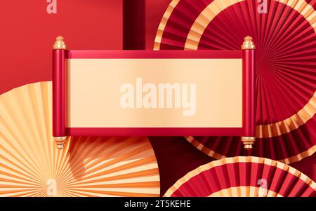 Leere Bildlaufleiste mit traditionellem chinesischen Hintergrund, 3D-Rendering. 3D-Abbildung. Stockfoto