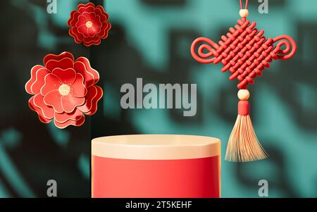 Chinesische Knoten, chinesischer Hintergrund und leere Bühne, E-Commerce-Hintergrund, 3D-Rendering. 3D-Abbildung. Stockfoto