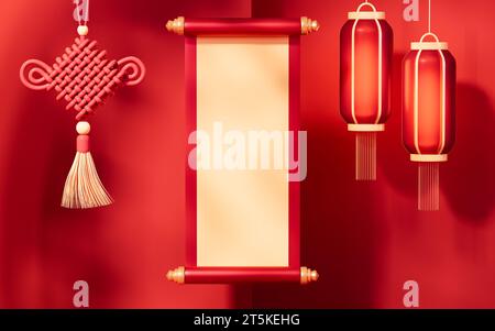 Leere Bildlaufleiste mit traditionellem chinesischen Hintergrund, 3D-Rendering. 3D-Abbildung. Stockfoto