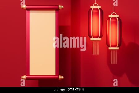 Leere Bildlaufleiste mit traditionellem chinesischen Hintergrund, 3D-Rendering. 3D-Abbildung. Stockfoto