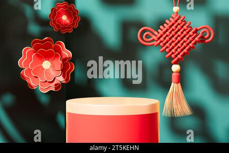 Chinesische Knoten, chinesischer Hintergrund und leere Bühne, E-Commerce-Hintergrund, 3D-Rendering. 3D-Abbildung. Stockfoto