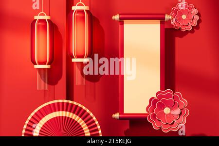 Leere Bildlaufleiste mit traditionellem chinesischen Hintergrund, 3D-Rendering. 3D-Abbildung. Stockfoto