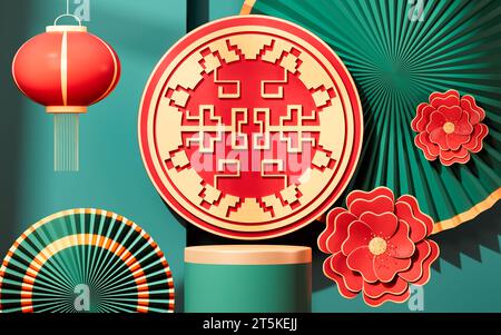 Traditioneller chinesischer Hintergrund, chinesischer Hintergrund und leere Bühne, E-Commerce-Hintergrund, 3D-Rendering. 3D-Abbildung. Stockfoto