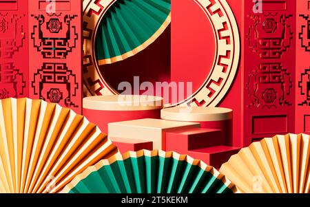 Traditioneller chinesischer Hintergrund, chinesischer Hintergrund und leere Bühne, E-Commerce-Hintergrund, 3D-Rendering. 3D-Abbildung. Stockfoto