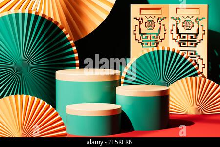 Traditioneller chinesischer Hintergrund, chinesischer Hintergrund und leere Bühne, E-Commerce-Hintergrund, 3D-Rendering. 3D-Abbildung. Stockfoto