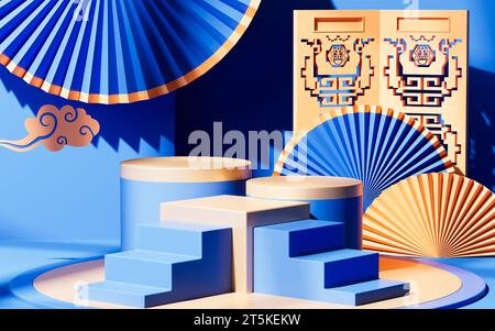 Traditioneller chinesischer Hintergrund, chinesischer Hintergrund und leere Bühne, E-Commerce-Hintergrund, 3D-Rendering. 3D-Abbildung. Stockfoto