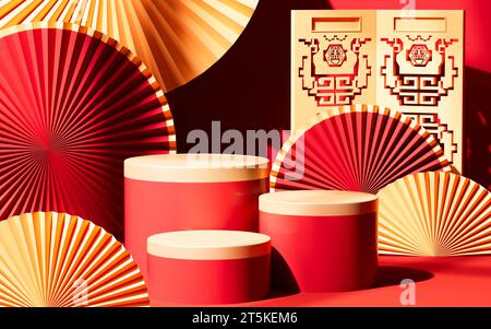 Traditioneller chinesischer Hintergrund, chinesischer Hintergrund und leere Bühne, E-Commerce-Hintergrund, 3D-Rendering. 3D-Abbildung. Stockfoto