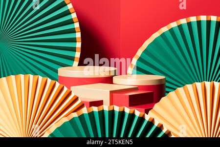 Traditioneller chinesischer Hintergrund, chinesischer Hintergrund und leere Bühne, E-Commerce-Hintergrund, 3D-Rendering. 3D-Abbildung. Stockfoto