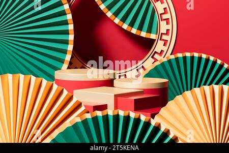 Traditioneller chinesischer Hintergrund, chinesischer Hintergrund und leere Bühne, E-Commerce-Hintergrund, 3D-Rendering. 3D-Abbildung. Stockfoto
