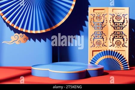 Traditioneller chinesischer Hintergrund, chinesischer Hintergrund und leere Bühne, E-Commerce-Hintergrund, 3D-Rendering. 3D-Abbildung. Stockfoto