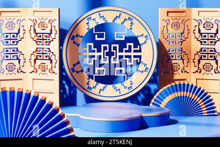 Traditioneller chinesischer Hintergrund, chinesischer Hintergrund und leere Bühne, E-Commerce-Hintergrund, 3D-Rendering. 3D-Abbildung. Stockfoto