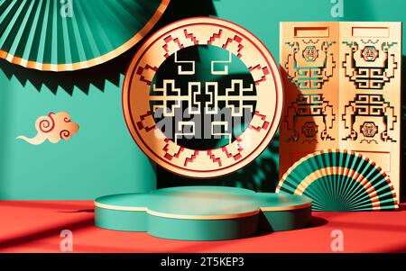 Traditioneller chinesischer Hintergrund, chinesischer Hintergrund und leere Bühne, E-Commerce-Hintergrund, 3D-Rendering. 3D-Abbildung. Stockfoto