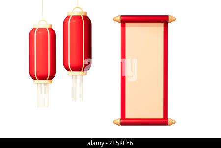 Leere Bildlaufleiste mit traditionellem chinesischen Hintergrund, 3D-Rendering. 3D-Abbildung. Stockfoto