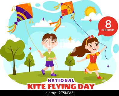 Nationale Kite Fliegen Tag Vektor-Illustration am 8. Februar von Sunny Sky Hintergrund in Kinder Sommer Freizeit Aktivität in Flat Cartoon Hintergrund Design Stock Vektor