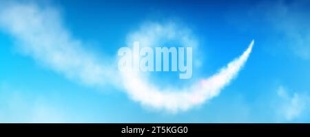 Spiralförmiger Kontrail im blauen Himmel. Vektor-realistische Illustration der Flugzeugkondensationsspur, kurvige Raketenflugspur zwischen flauschigen weißen Wolken, himmlische Wolkenlandschaft, Reisebanner Hintergrund Stock Vektor