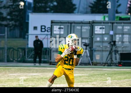 Edmonton, Kanada. November 2023. (20) Jaxon Hume von der University of Alberta Golden Bears fängt im Canwest Halbfinale gegen die University of Saskatchewan Huskies einen Punt. University of Alberta Golden Bears 40:17 University of Saskatchewan Huskies Credit: SOPA Images Limited/Alamy Live News Stockfoto