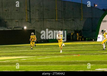 Edmonton, Kanada. November 2023. (2) Jonathan Giustini von der University of Alberta Golden Bears fängt im Canwest Halbfinale gegen die University of Saskatchewan Huskies einen Pass ab. University of Alberta Golden Bears 40:17 University of Saskatchewan Huskies (Foto: Ron Palmer/SOPA Images/SIPA USA) Credit: SIPA USA/Alamy Live News Stockfoto