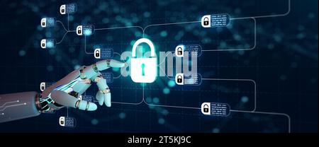 KI-Roboter Hand-on-Technologie und digitaler Layer-Effekt. Blockchain-Technologie mit Diagramm der Kette und verschlüsselten Blöcken auf blauem Hintergrund. Blockkette Stockfoto