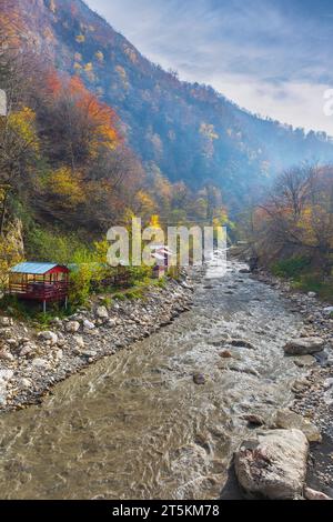 Teepavillons am Ufer eines Gebirgsflusses im Herbst Stockfoto