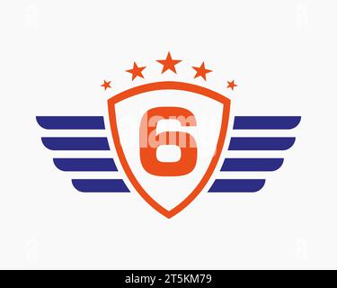 Erstes Wing-Logo Auf Buchstabe 6 Für Transportlogo Mit Sternsymbol Stock Vektor