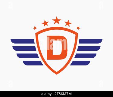 Logo des ersten Flügels auf Buchstabe D für Transportlogo mit Sternsymbol Stock Vektor