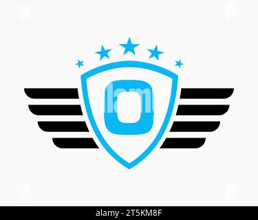 Logo des ersten Flügels auf Buchstabe O für Transportlogo mit Sternsymbol Stock Vektor