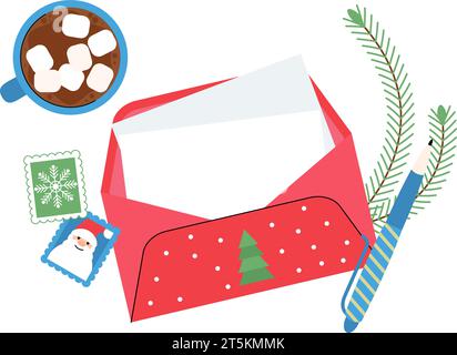 Vorlage für den weihnachtswunsch an den weihnachtsmann. Kakaobecher, Stift und Weihnachtskuvert mit sauberem Papier, Nordpol Feiertagspost anständiger Vektor Stock Vektor
