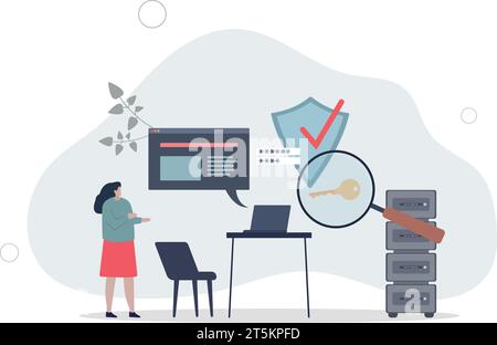Cybersicherheit und Datenschutz mit Safe prevention.Computer und virtuellem Online-Verschlüsselungssystem mit Passwort und Firewall.Flat-Vektor Stock Vektor