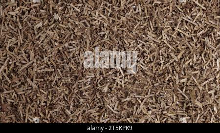 Geschreddertes Kartonmaterial für Geschenkkörbe, Mulch, Kompost, Wurmbehälter. Pappe schreddert Hintergrund. Stockfoto