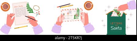 Versand zu Weihnachten, Schreiben und senden Sie einen Brief oder eine Karte an Freunde oder Familie. Weihnachtsumschläge mit Feiertagswünschen, santa-Briefkasten-Race-Vektor-Konzept Stock Vektor