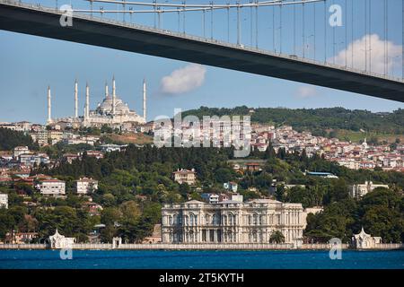 Camlica-Moschee, Beylerbeyi-Palast und Bosporus-Brücke. Skyline von Istanbul. Türkei Stockfoto