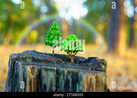 Zwei üppig grüne Setzlinge wachsen auf einem verwitterten Baumstumpf mit Wald- und Regenbogenhintergrund. Neuanfänge und neues wachstumsbezogenes Konzept. Stockfoto