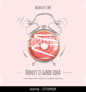 Donut-Uhr. Donut Frühstück Zeit Konzept, Bäckerei Morgen Dessert Süße Kuchen in rosa Glaze, Snack Food Alarm Kaffee Pause Kochen kreatives Poster, genaue Vektor Illustration Stock Vektor