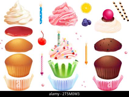 Erstellung von Cupcakes. Realistischer Muffin Konstruktor, 3D Cupcake mit Kerze verschiedene Schlagsahne oder Obst Zuckerguss und Pappbecher, Gebäck Geburtstag Dessert exakte Vektor Illustration von Kuchen Essen Dessert Stock Vektor